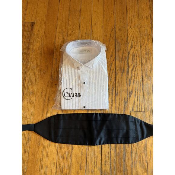 Chaplin Tuxedo Shirt Mens Large 32-33 White Pleated Front Black Cummerbund Set - Picture 4 of 5